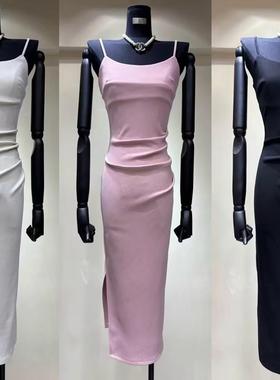 Luo高级感显白显瘦性感一字领纯欲露肩紧身收腰包臀裙 开叉吊带裙