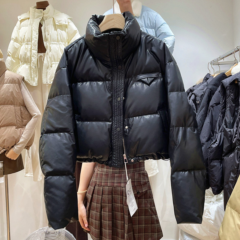 欧洲站亮面PU皮夹克立领羽绒服短外套女2023冬季新休闲羽绒面包服