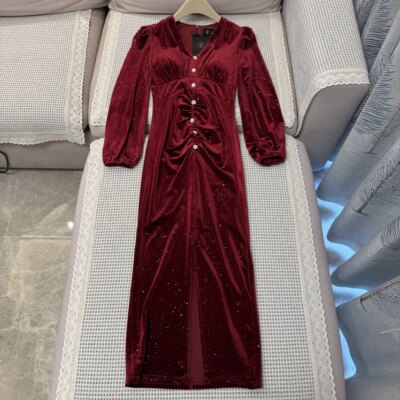 Luo高品质丝绒V领修身连衣裙