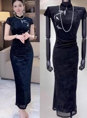 Luo黑色国风刺绣竹子旗袍连衣裙女2025新中式植绒提花修身连衣裙