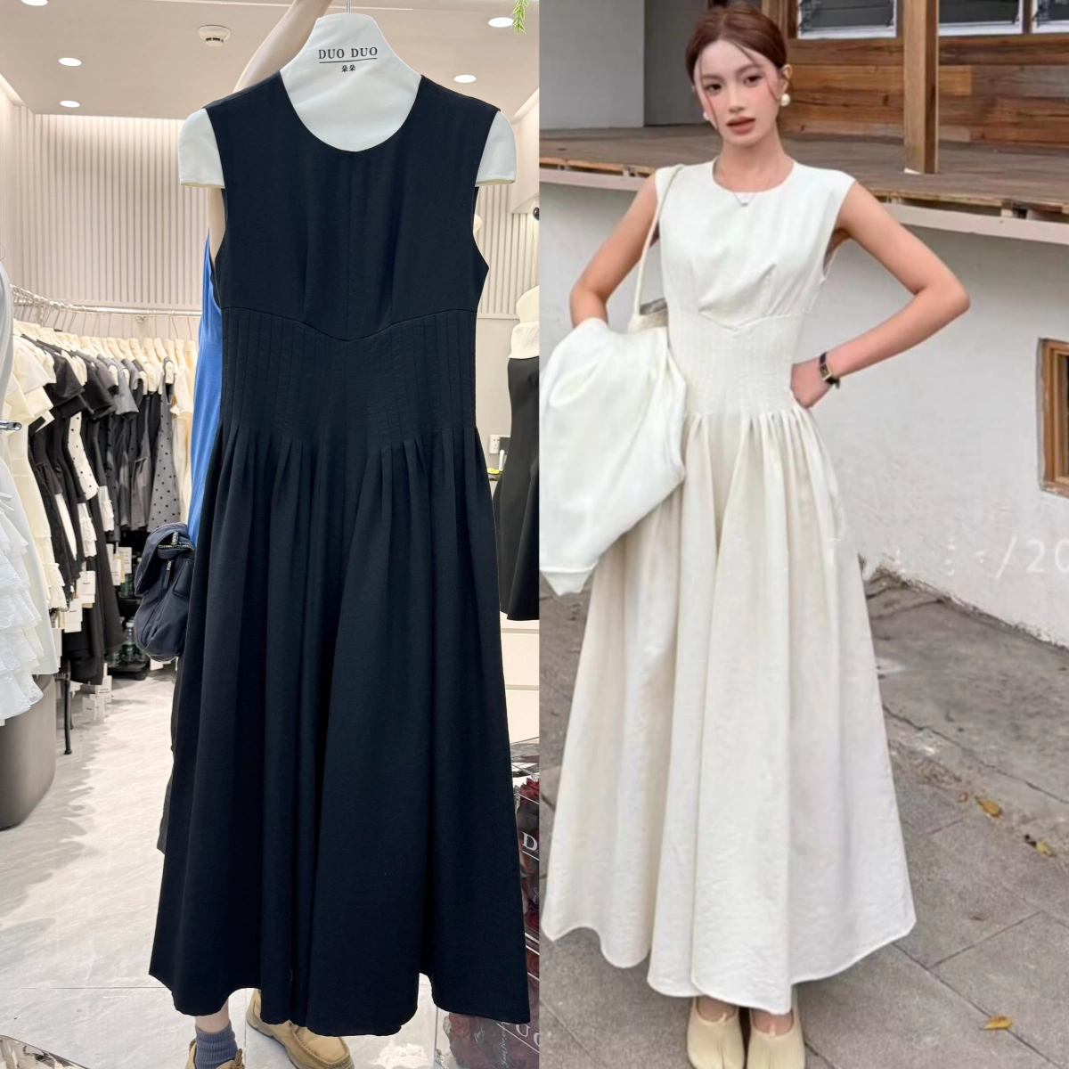 十三行Duo白色法式背心连衣裙女2026高级设计无袖掐腰多褶A字长裙