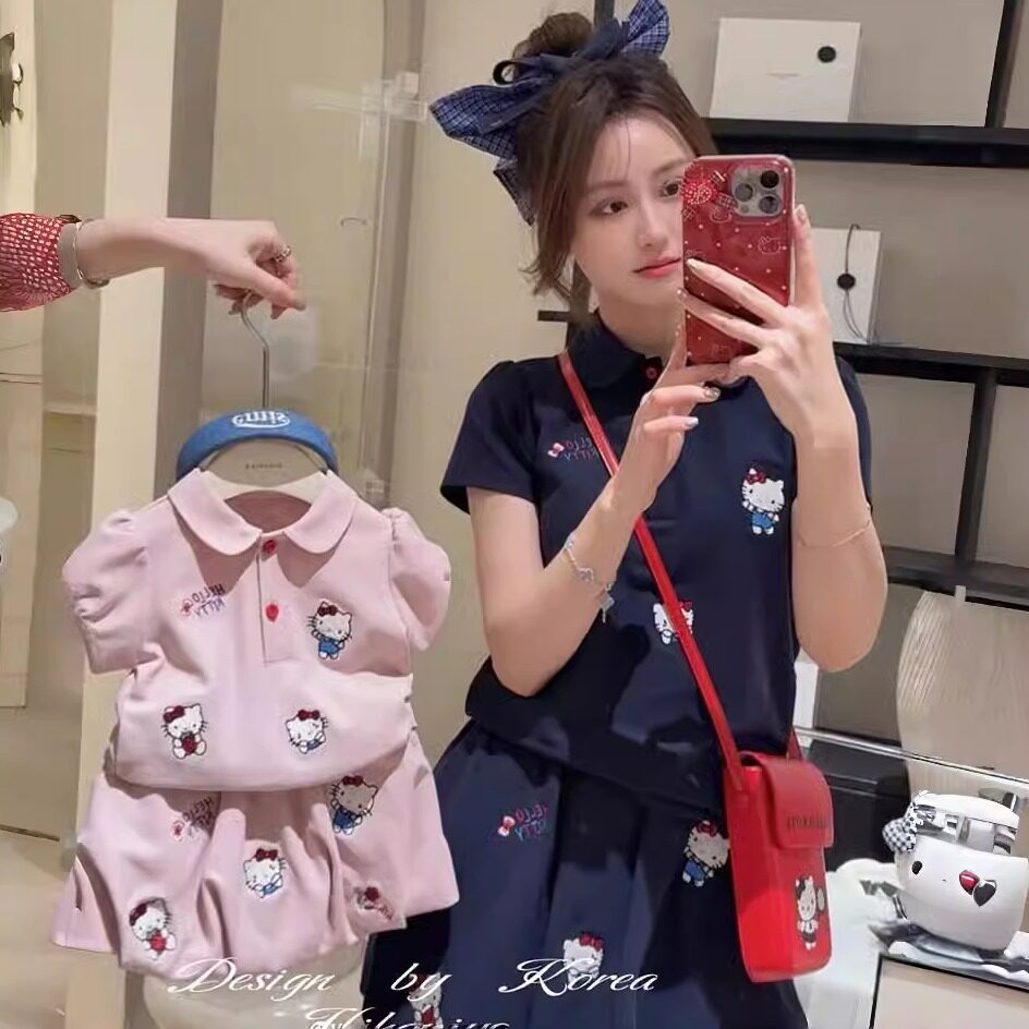 亲子装2025夏母女装kitty猫刺绣短袖polo衫女童花苞裙半身裙套装