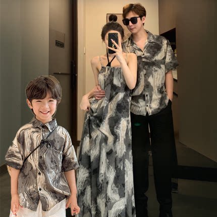 海边度假沙滩亲子装一家三口中国风衬衫宽松水墨画吊带裙母子衬衣