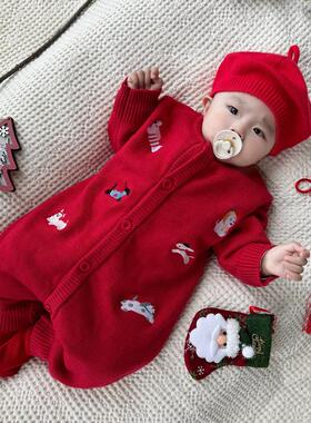 新年亲子装一家三口红色刺绣毛衣母子装母女婴儿爬服连体衣拜年服