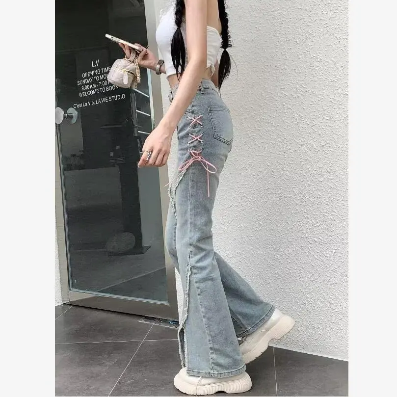 小众绑带微喇叭牛仔裤女秋季新款弹力开叉辣妹修身高腰显瘦长裤子