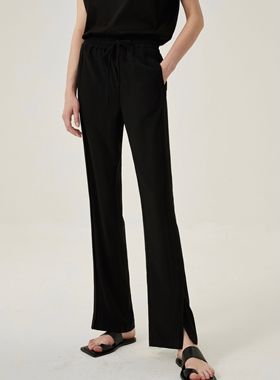 tuum nomen 夏季黑色垂坠休闲开衩松紧腰基础款阔腿长裤