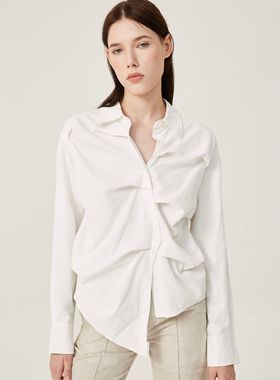 tuum nomen不对称褶皱立体剪裁不规则砂洗暗条纹白色衬衫