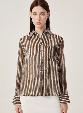tuum nomen 棕色条纹亚麻休闲经典款轻薄夏季长袖衬衫