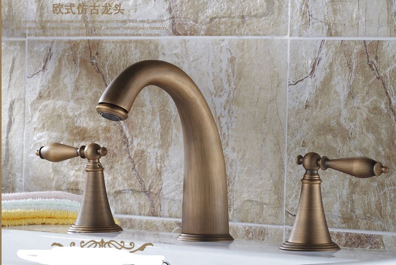 仿古全铜三孔面盆水龙头冷热浴缸龙头分体式双把欧式卫浴三5件套