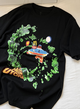 TRAVIS SCOTT 麦当劳恶搞飞船纯棉水洗夏季卡通短袖流行宽松T恤