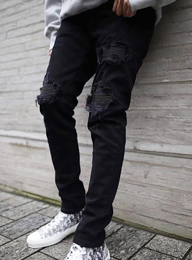 BACKICON高街微弹机车拼接膝盖补丁修身仿皮小脚黑色休闲牛仔裤