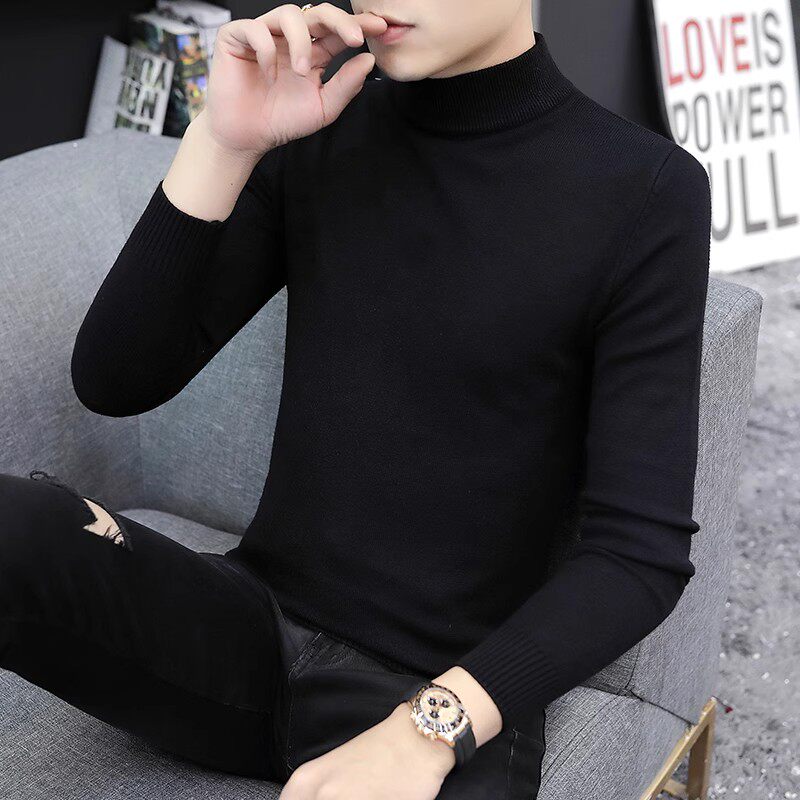 秋冬季半高领毛衣男修身纯色针织打底衫中领内搭商务休闲保暖线衣