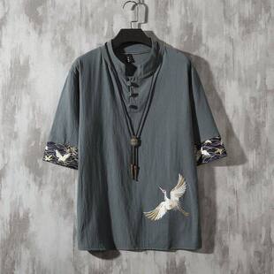 夏复古半袖 中国风男装 小衫 t恤男国潮五分袖 棉麻上衣 刺绣亚麻短袖