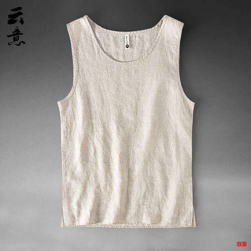 纯亚麻背心男装夏天薄大码沙滩宽松砍袖麻料无袖汗衫纯色坎肩