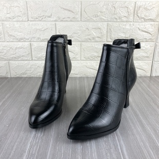 断码撤柜处理真皮女靴高跟尖头洋气优雅短靴侧拉链女单靴时装靴