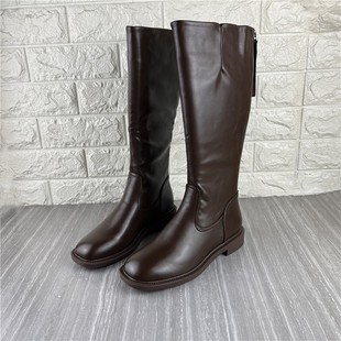 断码 低跟方头长靴不过膝软皮加绒高筒靴 处理品牌尾货真皮女靴冬季