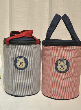 饭盒包条纹圆形保温桶保温袋铝箔加厚带饭包手提袋便当包饭盒袋子