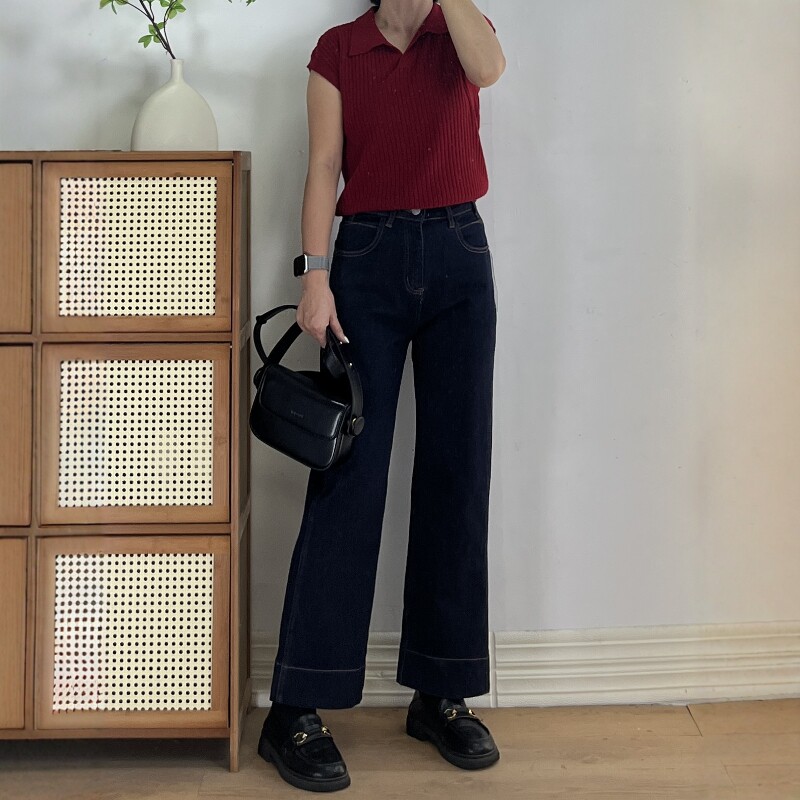 植绒高腰显瘦直筒九分牛仔裤女