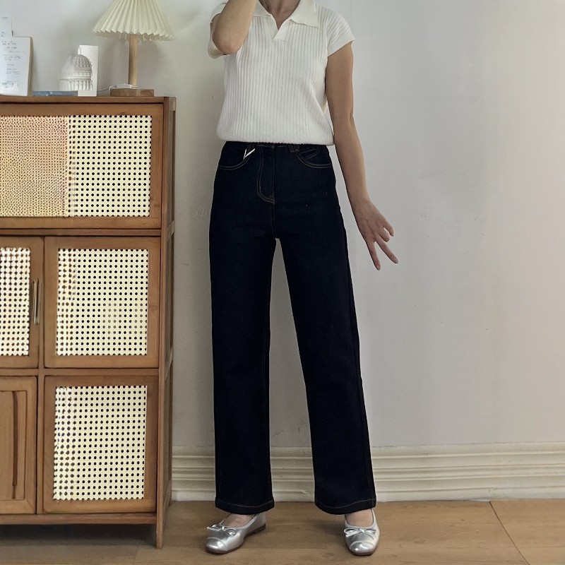 丹宁色加绒绒高腰显瘦九分直筒裤