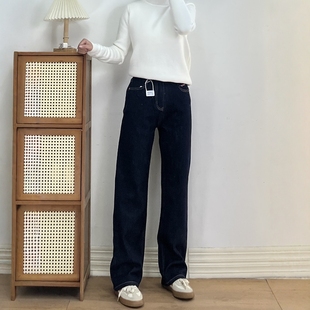 女宽松长裤 直筒牛仔裤 子秋 四面弹黑金丹宁色高腰显瘦窄版 柜柜货