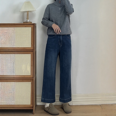 四面弹高腰显瘦加绒直筒牛仔裤女