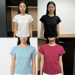 显瘦女纯色圆领百搭小个子显白打底上衣 修身 正肩短袖 瘦瘦T恤夏季
