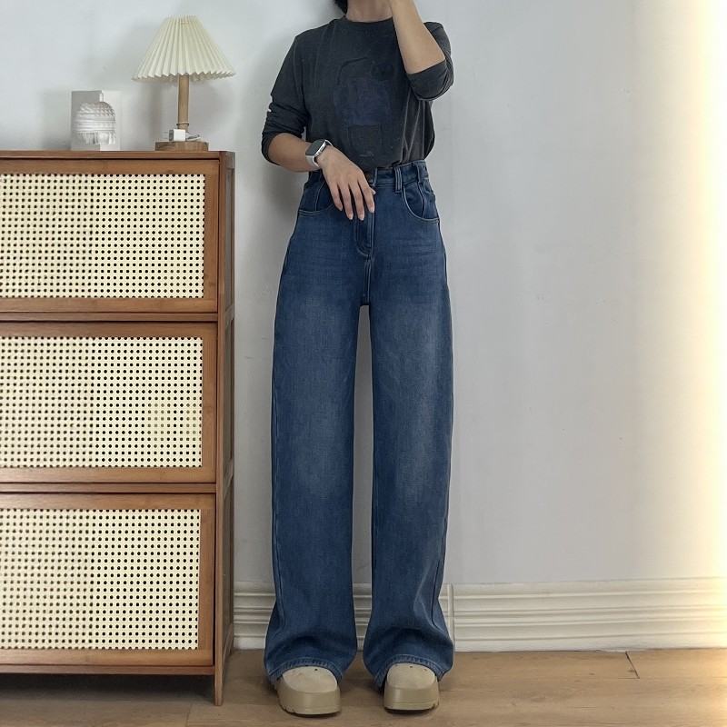 【清仓不退换】高个子加厚密密绒高腰显瘦弹力直筒牛仔裤女加长裤