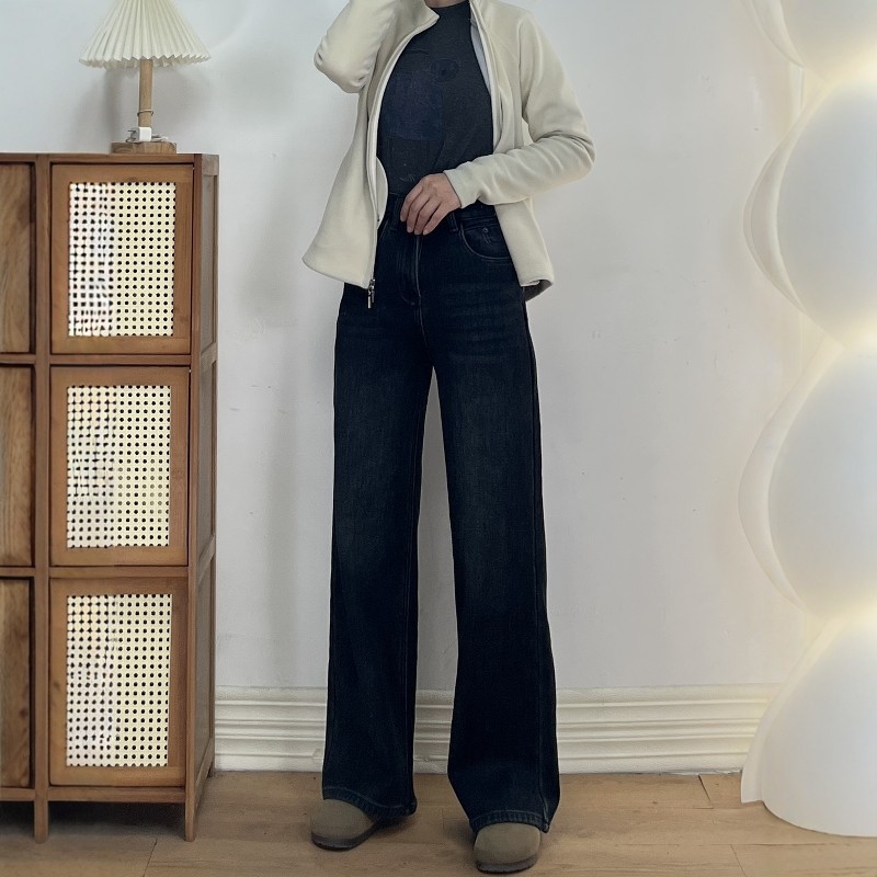 【清仓不退换】冬款加厚绒高腰窄版直筒牛仔裤女宽松显瘦阔腿保暖