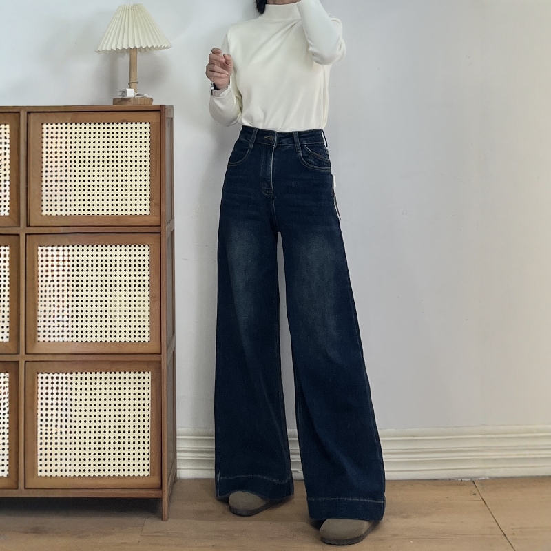 加薄绒高腰A版阔腿宽松牛仔裤女