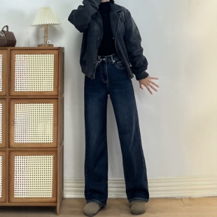 高个复古蓝加植绒高腰窄版直筒牛仔裤女保暖显瘦阔腿加长裤子冬款