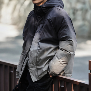 山系户外连帽渐变色棉衣男日系中长款棉服大衣工装保暖冬棉袄外套