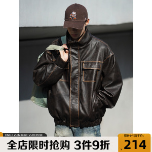 复古做旧皮衣外套男春秋美式cleanfitpu皮夹克宽松潮牌机车服上衣