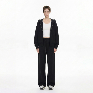 26年春季 女宽松休闲百搭 LazyMint简约运动风黑色连帽拉链卫衣套装