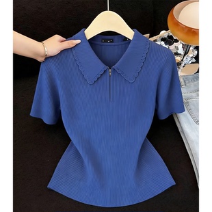 女装 上新大码 胖MM简约风针织T恤 上衣2026年夏季 蓝色减龄显瘦短袖