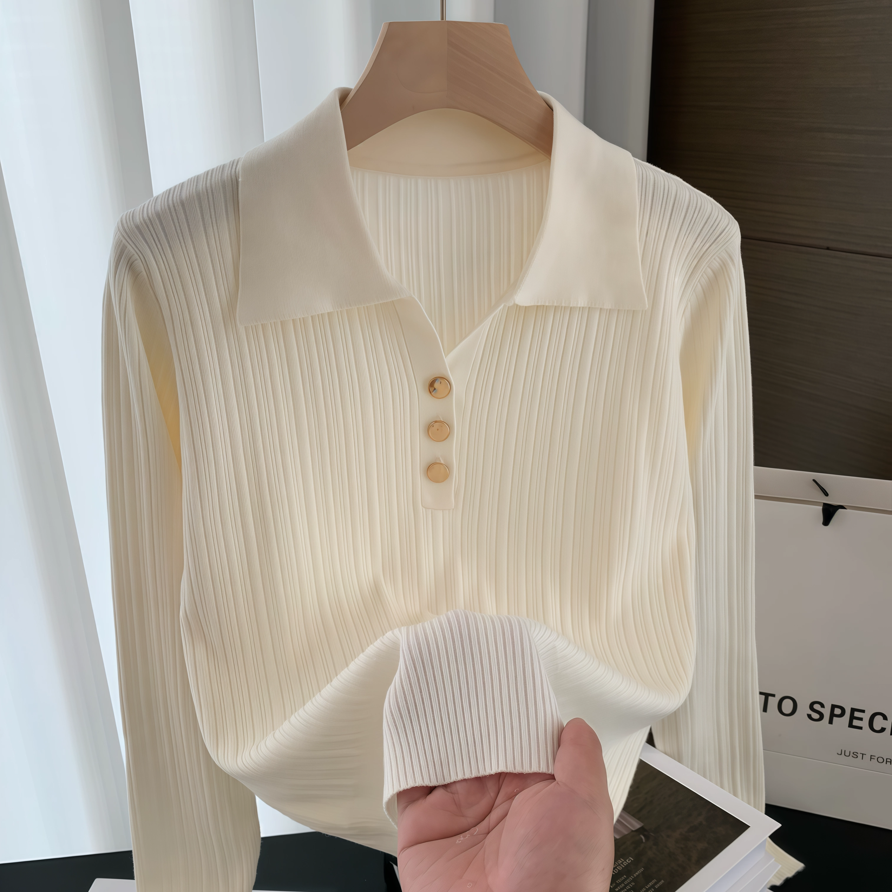 POLO领毛衣女春秋2025新款套头针织衫竖坑条短翻领打底衫上衣女