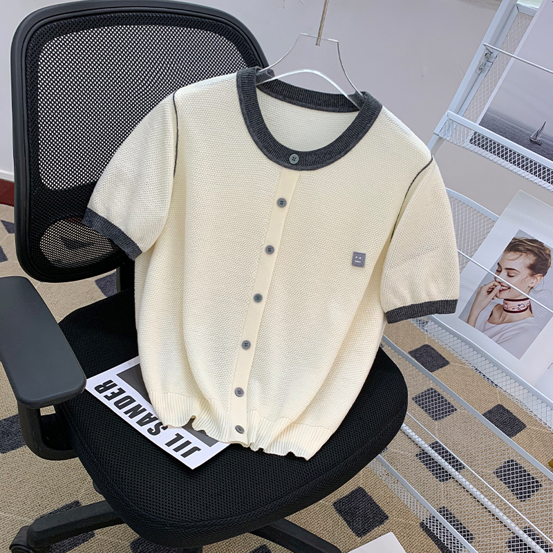 2025夏季新款軟糯親膚針織衫女笑臉刺繡撞色圓領(lǐng)短袖上衣