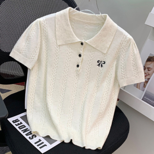 Polo领针织螺纹蝴蝶结刺绣韩系软糯短袖 春秋新款 上衣女