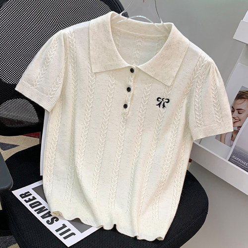 春秋新款Polo领针织螺纹蝴蝶结刺绣韩系软糯短袖上衣女