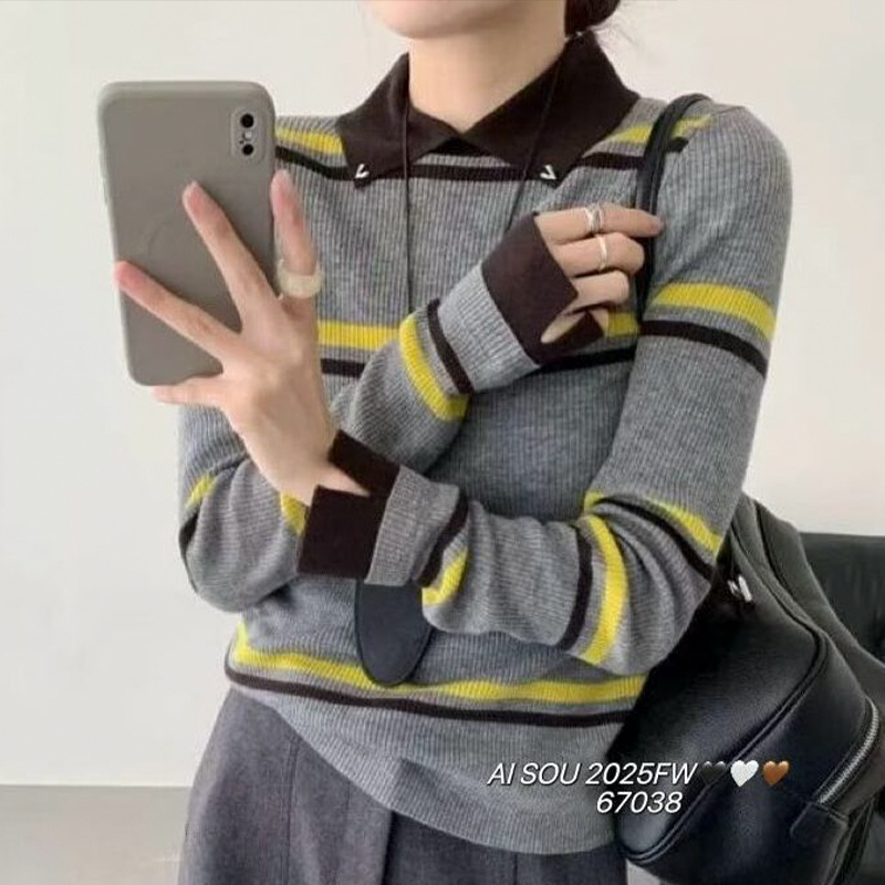 2025秋冬设计感拼接撞色条纹翻领长袖针织衫套头舒适软糯上衣