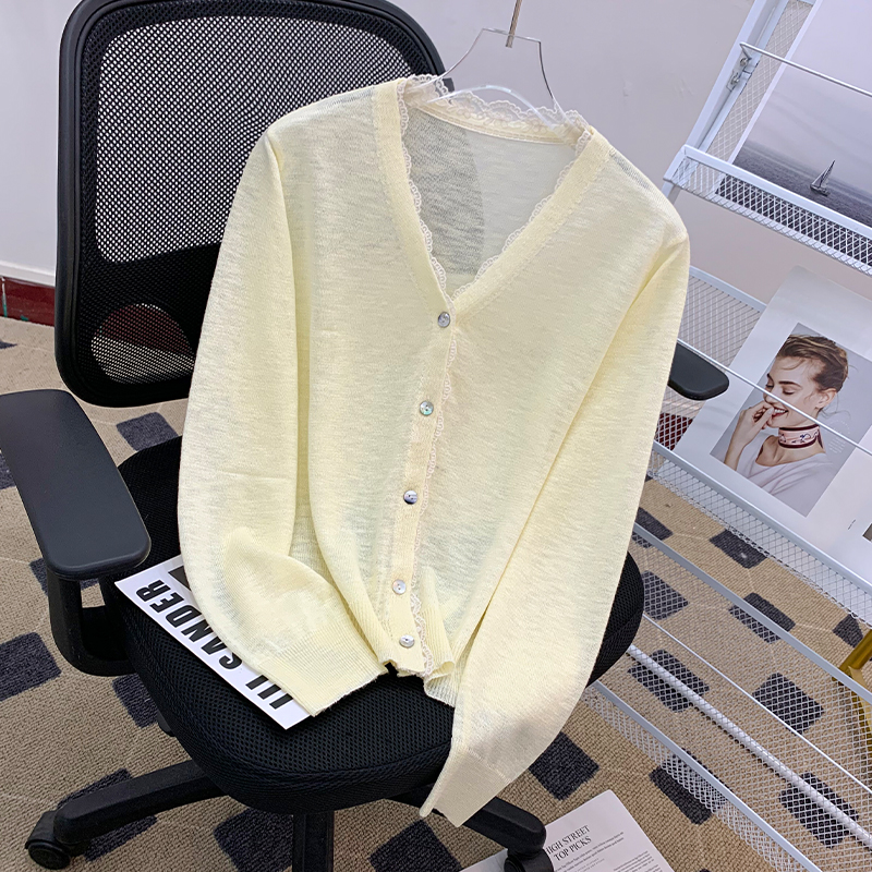 设计感糖果色蕾丝花边拼接V领针织衫春季新款防晒衫上衣女