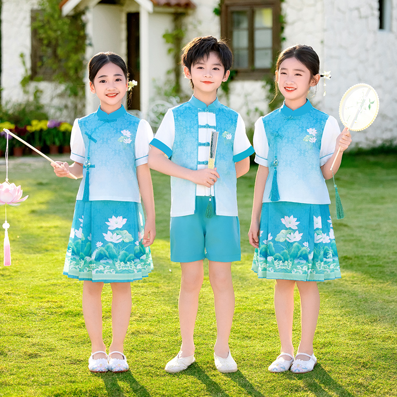 儿童演出服小学生合唱服夏季短袖英伦风毕业照幼儿园表演服装