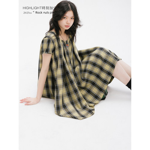 HIGHLIGHT加分25ss大人气 宽褶设计廓形娃娃格纹短袖小个子连衣裙