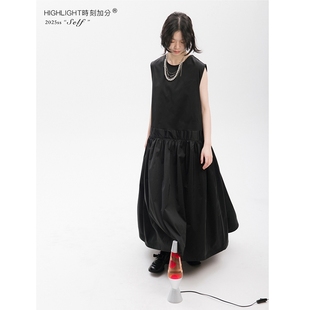 HIGHLIGHT加分25ss 黑色宽松重工多褶皱缎面egg风背心裙 阿提斯特