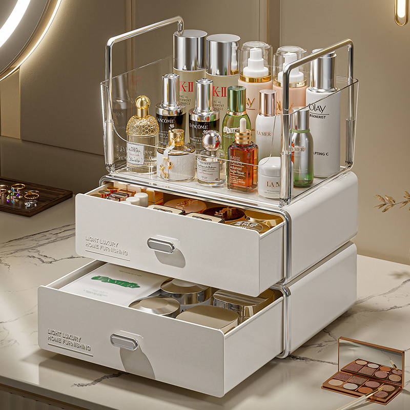 抽屉式化妆品收纳盒卧室桌面梳妆台置物架透明塑料储物客厅浴室大