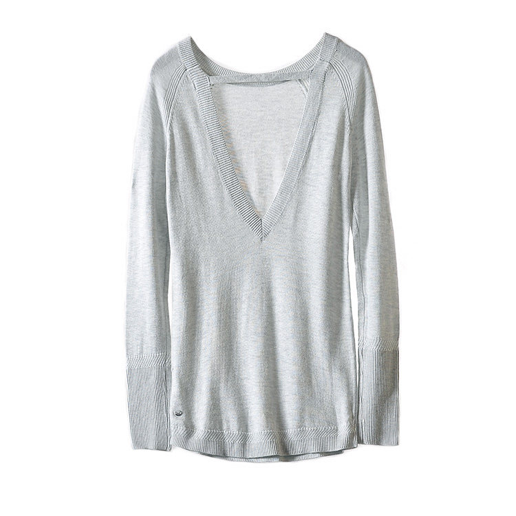春秋深V领长袖套头修身女针织衫