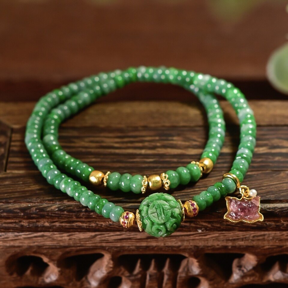 天然A货辣绿干青翡翠雕花圆珠算盘珠双圈手链碧玺镶嵌银镀金莲花