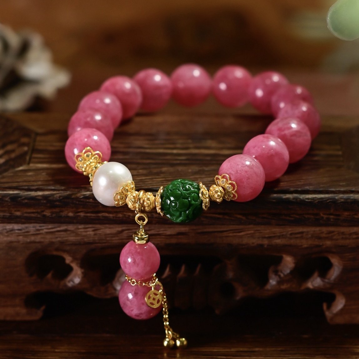 天然蔷薇石干青翡翠手链新年礼物