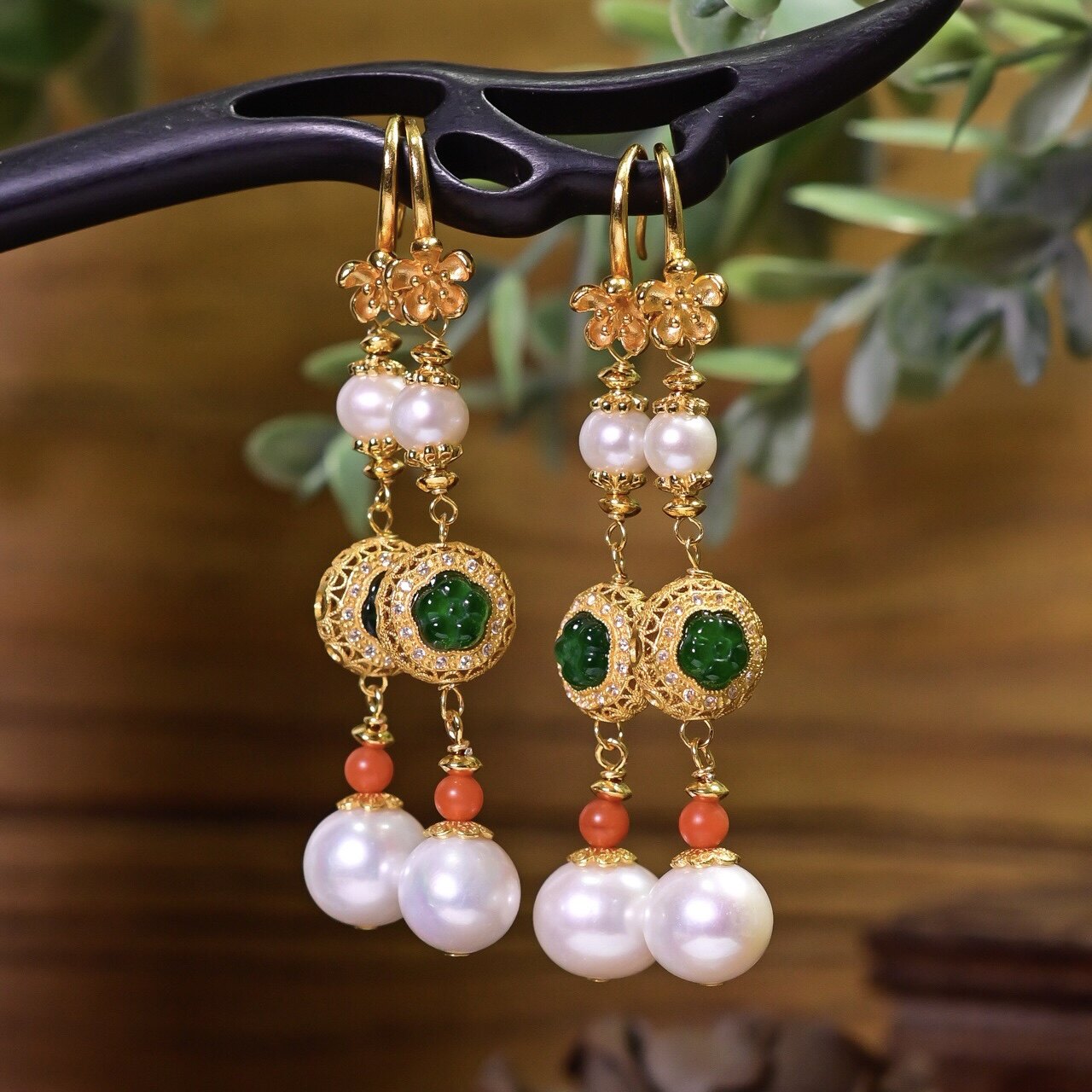 中式复古天然强光淡水珍珠耳环耳坠保山南红翡翠镶嵌S925纯银镀金