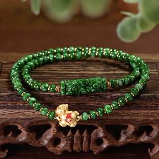 马上有钱天然A货辣绿干青翡翠算盘珠手链手串雕花圆柱925纯银镀金