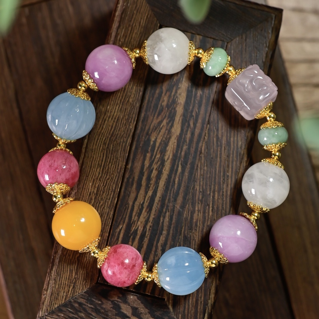 新中式天然多宝彩宝手链粉晶紫锂辉海蓝宝蔷薇石蜜蜡翡翠手串礼物